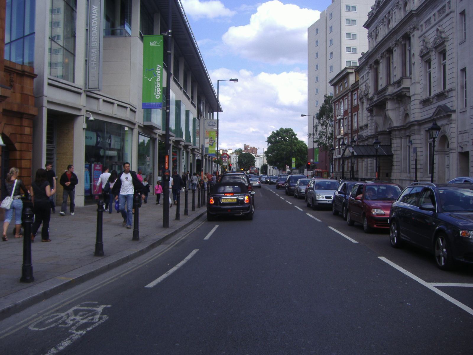 Fulham Broadway street with station and shopping centre signage
